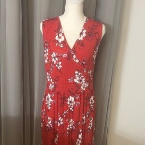 41 Hawthorn Red Floral Midi Dress Size L Sleeveless V Neck Faux Wrap